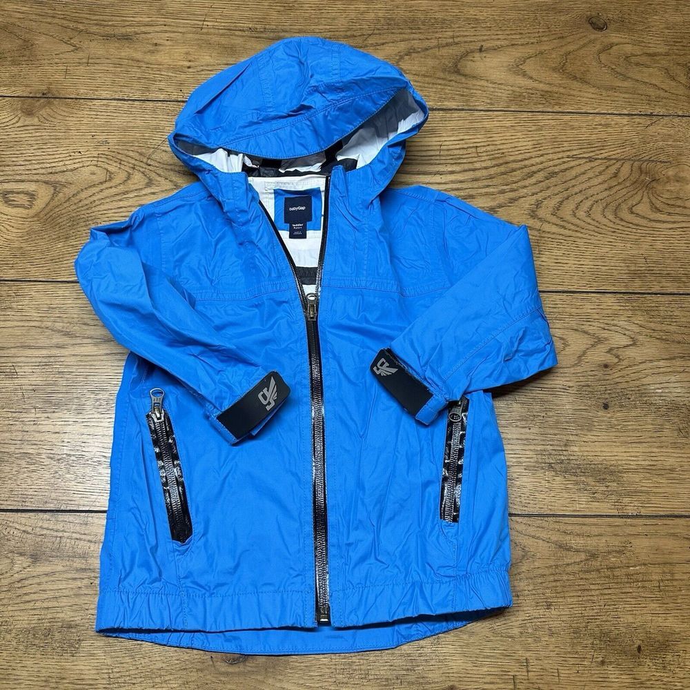 Vintage Baby Gap Size 4T Blue Rain Coat Spring Jacket Long Sleeve Hood Pockets - Picture 2 of 6